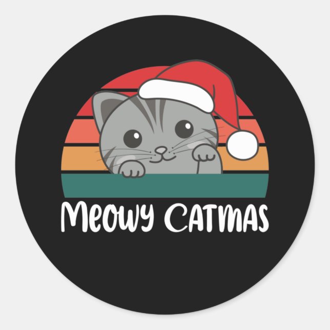 Sticker Rond Merry Catmas Funny Chat Noël Pun Classic Round (Devant)