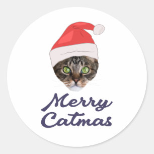Sticker Rond Merry Catmas, Noël Chat Santa hat Invitation