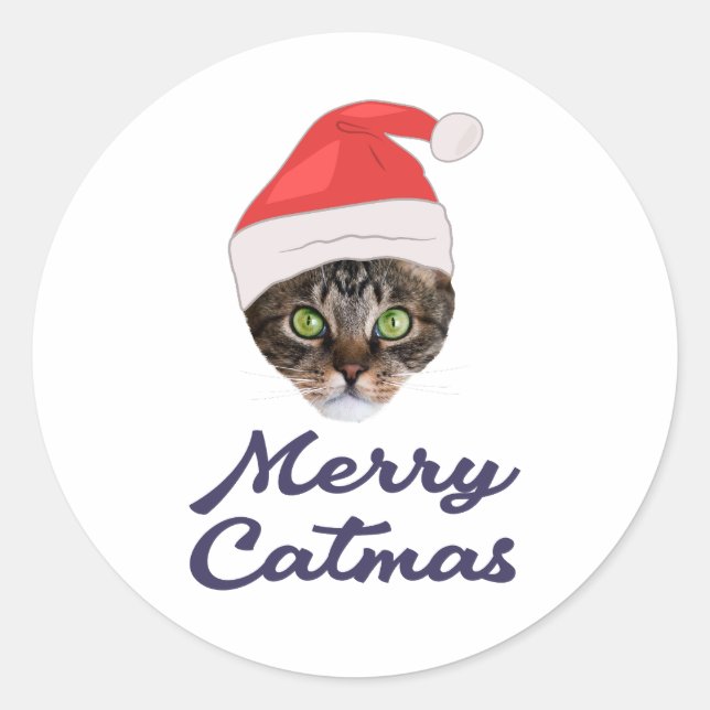 Sticker Rond Merry Catmas, Noël Chat Santa hat Invitation (Devant)