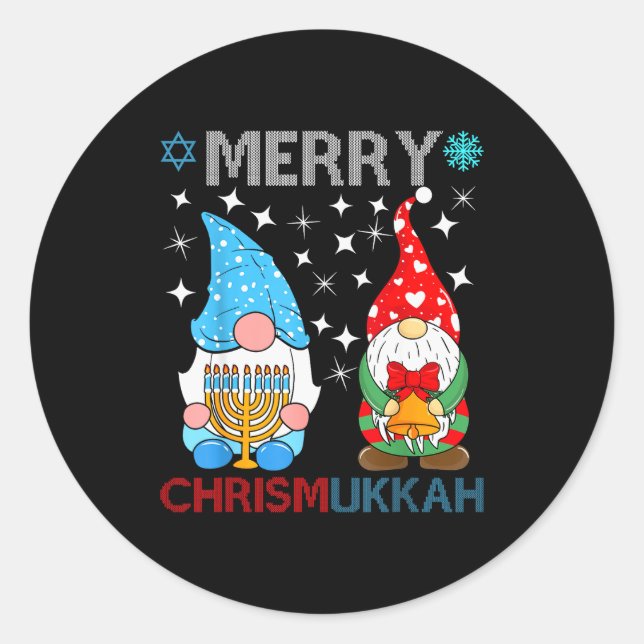 Sticker Rond Merry Chrismukkah Funny Gnomes Christmas And Hanuk (Devant)