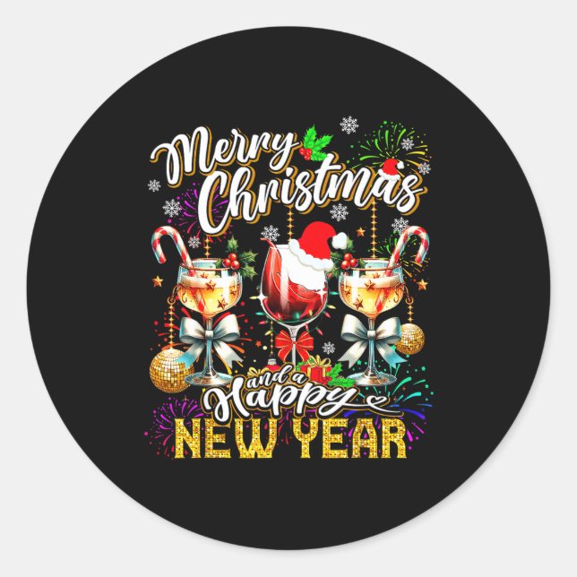 Sticker Rond Merry Christmas And A Happy New Year Wine Gles Fir (Devant)