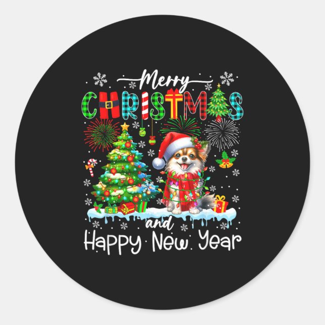Sticker Rond Merry Christmas And Happy New Year Santa Chihuahua (Devant)