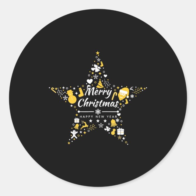 Sticker Rond Merry Christmas And Happy New Year Xmas Star  (Devant)