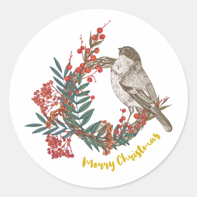 Sticker Rond Merry Christmas Bird Wreath (Devant)