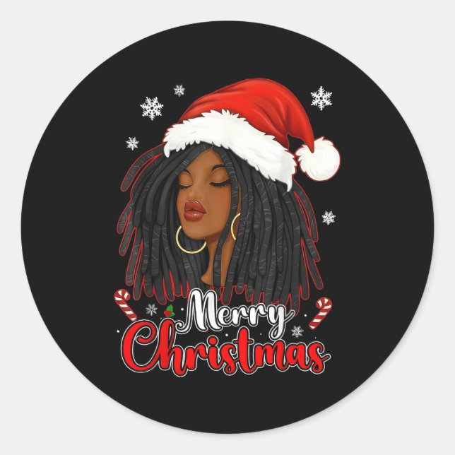 Sticker Rond Merry Christmas Black African Girl Santa Hat Xmas  (Devant)