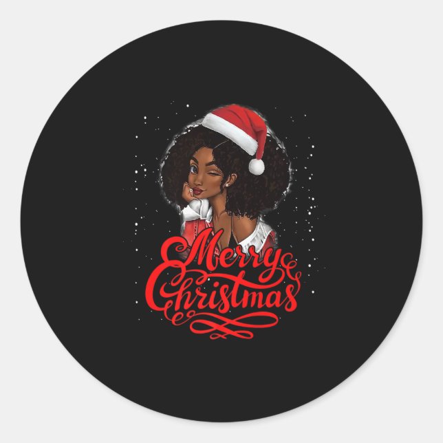 Sticker Rond Merry Christmas Black Woman Santa Hat Funny Xmas P (Devant)