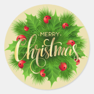 Sticker Rond Merry Christmas Botanical Design – Elegant Holiday