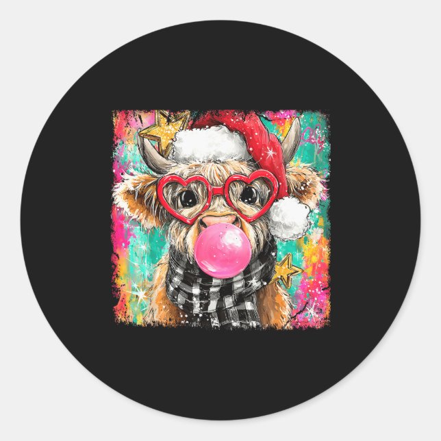Sticker Rond Merry Christmas Bubble Gum Xmas Highland Cow Heife (Devant)