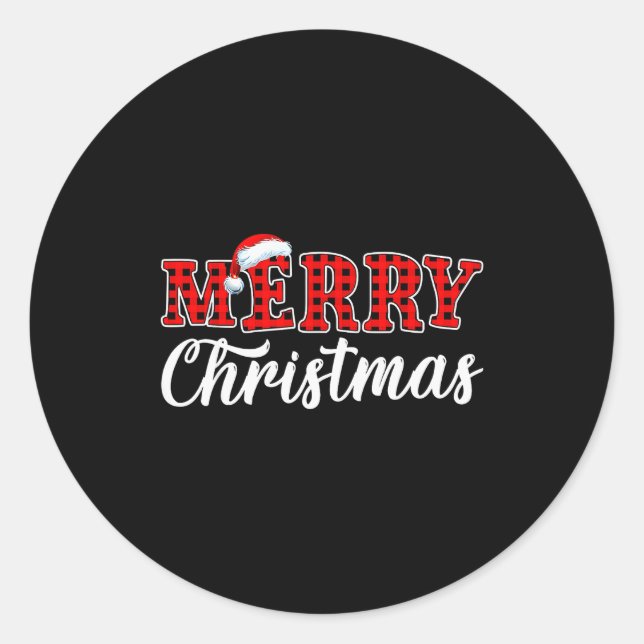 Sticker Rond Merry Christmas Buffalo Plaid Red Santa Family Mat (Devant)