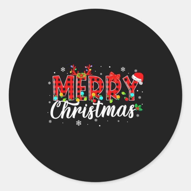 Sticker Rond Merry Christmas Buffalo Plaid Red Santa Family Mat (Devant)