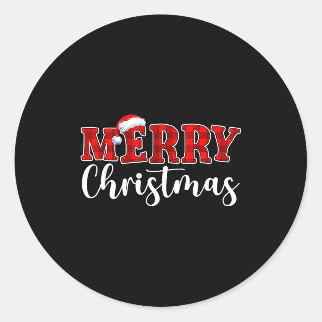 Sticker Rond Merry Christmas Buffalo Plaid Red Santa Hat Xmas P (Devant)