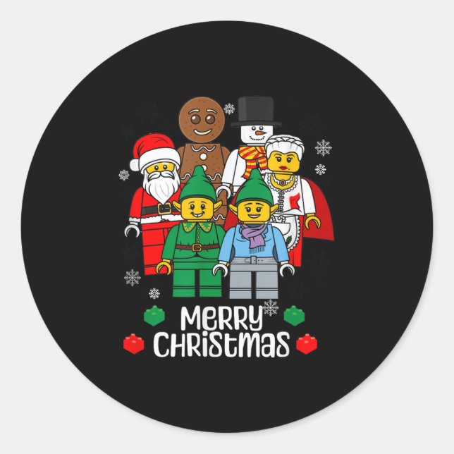 Sticker Rond Merry Christmas Building Bricks Santa Elf Snowman  (Devant)