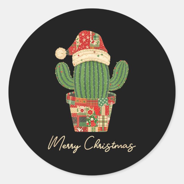 Sticker Rond Merry Christmas Cactus Patchwork Quilt  (Devant)