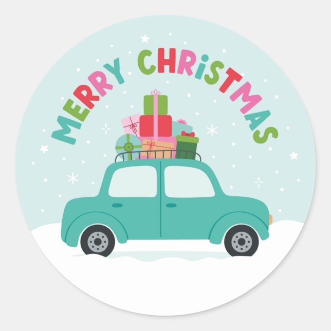 Sticker Rond Merry Christmas Car with Gifts in Aqua Blue (Devant)