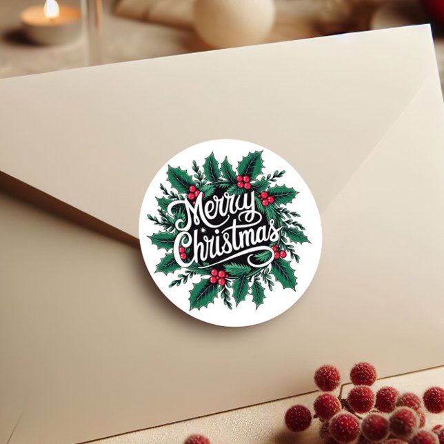 Sticker Rond Merry Christmas Cherries & Holly Envelope Seal (Créateur téléchargé)