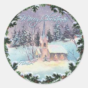 Sticker Rond MERRY CHRISTMAS CHURCH & WREATT par SHARON SHARPE