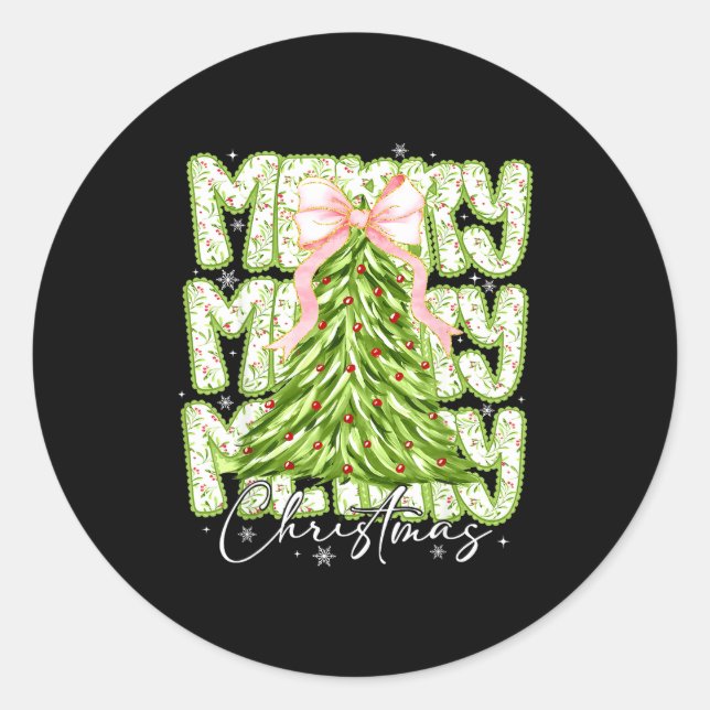 Sticker Rond Merry Christmas Coquette Bow Tree Xmas Holiday Gir (Devant)