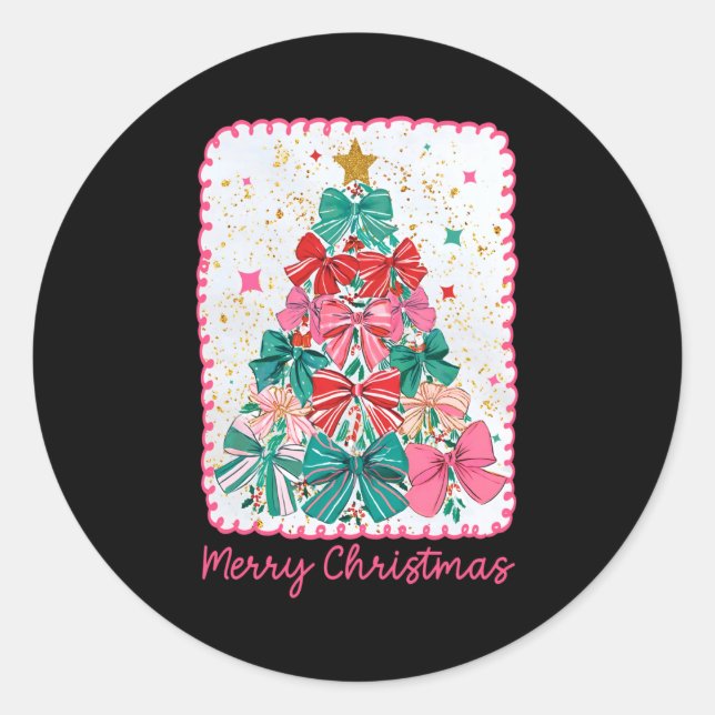 Sticker Rond Merry Christmas Coquette Bow Xmas Tree Holiday Gir (Devant)