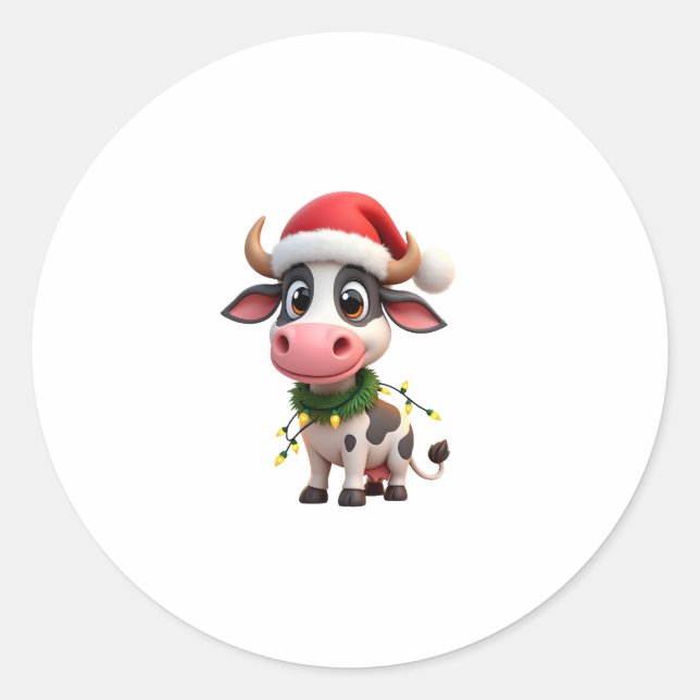Sticker Rond Merry Christmas Cow Santa Christmas Lights Cow Xma (Devant)