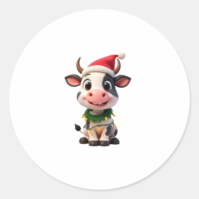 Sticker Rond Merry Christmas Cow Santa Christmas Lights Cow Xma (Devant)