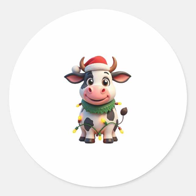 Sticker Rond Merry Christmas Cow Santa Christmas Lights Cow Xma (Devant)