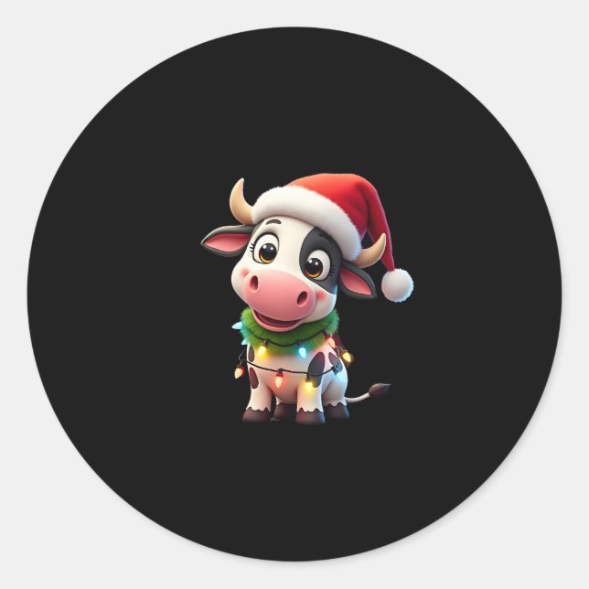 Sticker Rond Merry Christmas Cow Santa Christmas Lights Cow Xma (Devant)