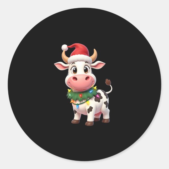 Sticker Rond Merry Christmas Cow Santa Christmas Lights Cow Xma (Devant)