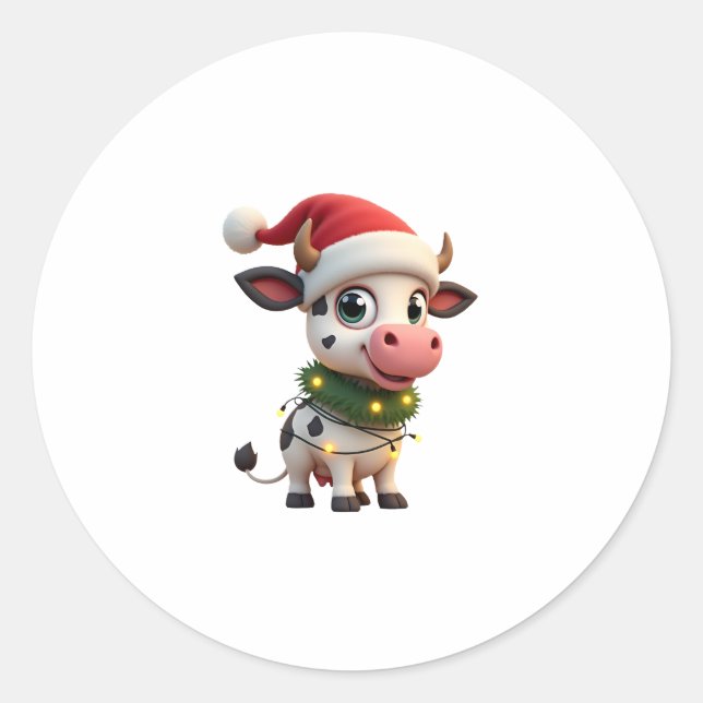 Sticker Rond Merry Christmas Cow Santa Christmas Lights Cow Xma (Devant)