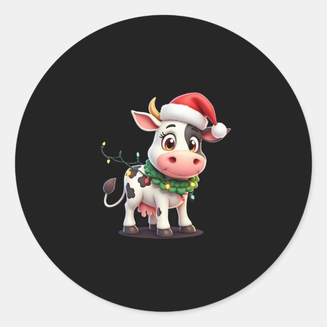 Sticker Rond Merry Christmas Cow Santa Christmas Lights Cow Xma (Devant)