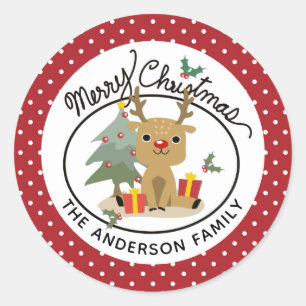 Sticker Rond Merry Christmas Cute Reindeer Personalized
