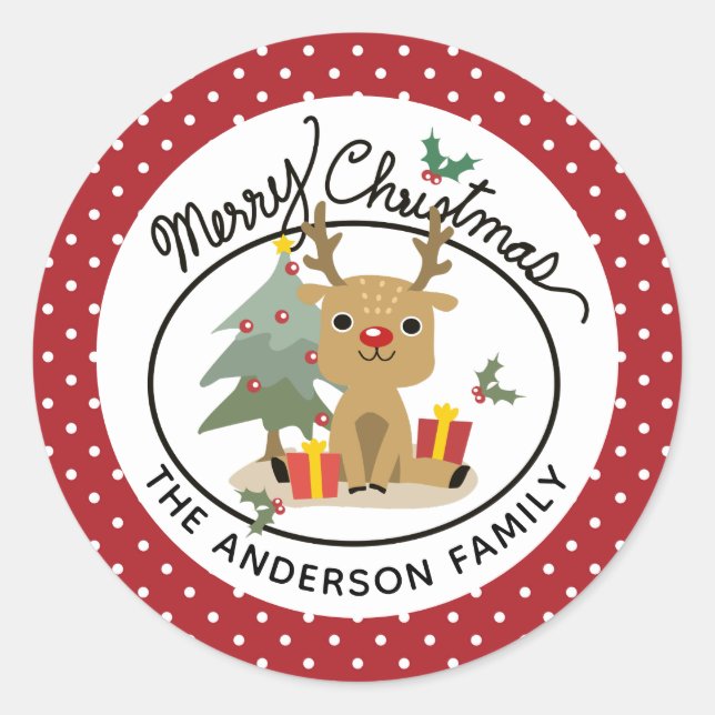 Sticker Rond Merry Christmas Cute Reindeer Personalized (Devant)