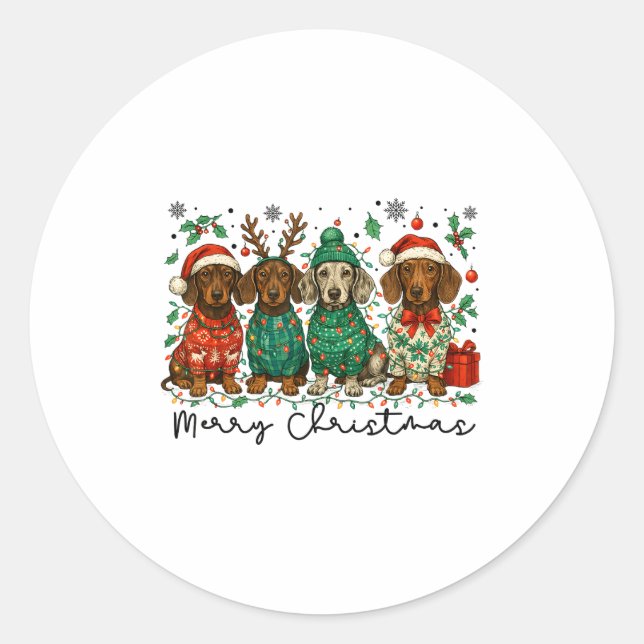 Sticker Rond Merry Christmas Dachshund Dog Retro Xmas Puppy Men (Devant)
