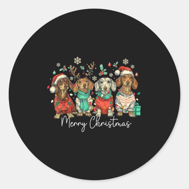 Sticker Rond Merry Christmas Dachshund Santa Dog Xmas Lights Ho (Devant)