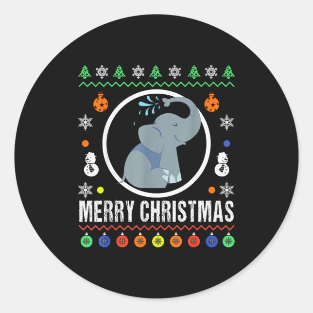Sticker Rond Merry Christmas Elephant Ugly Sweater Xmas Knit  (Devant)