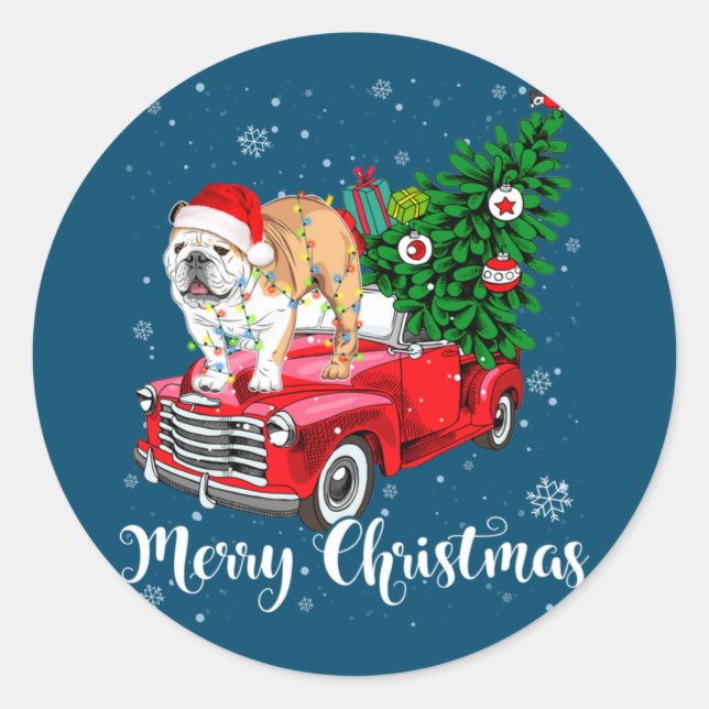 Sticker Rond Merry Christmas English Bulldog Santa Red Truck Xm (Devant)