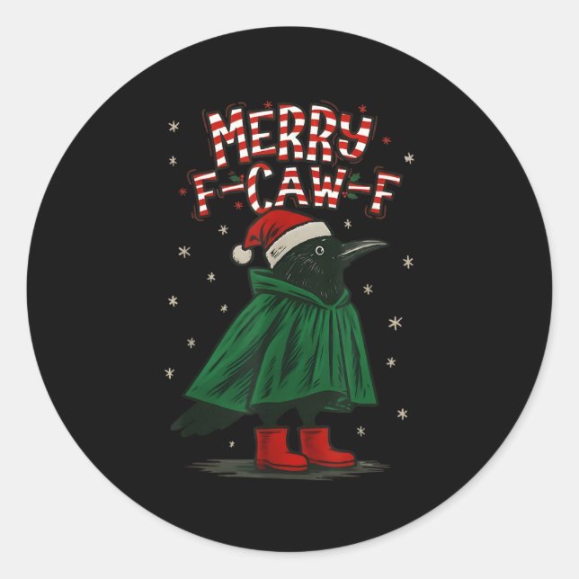Sticker Rond Merry Christmas F-caw-f Crow Santa Black Bird Xmas (Devant)