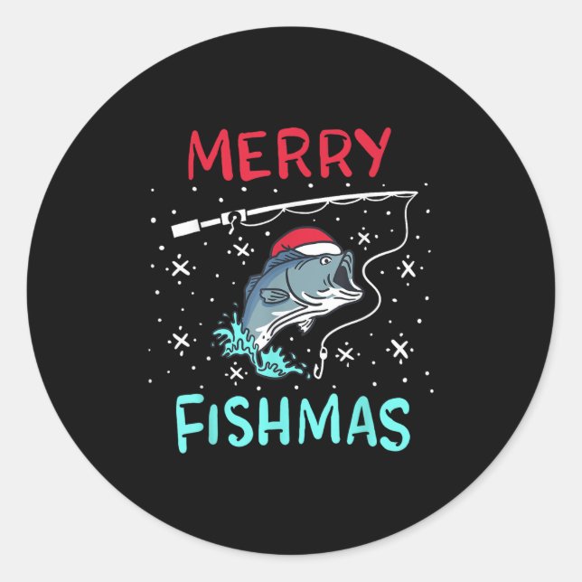 Sticker Rond Merry Christmas Fishmas Funny Fishing Fish Gift Pr (Devant)