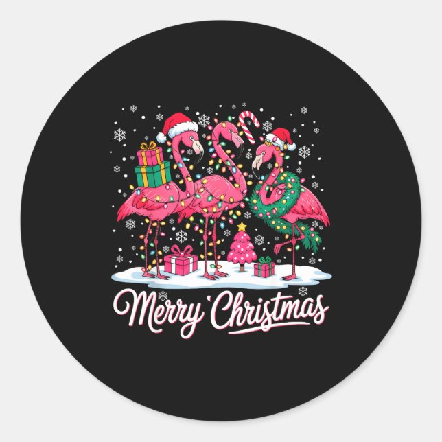 Sticker Rond Merry Christmas Flamingo Lights Santa Hat Snow Xma (Devant)