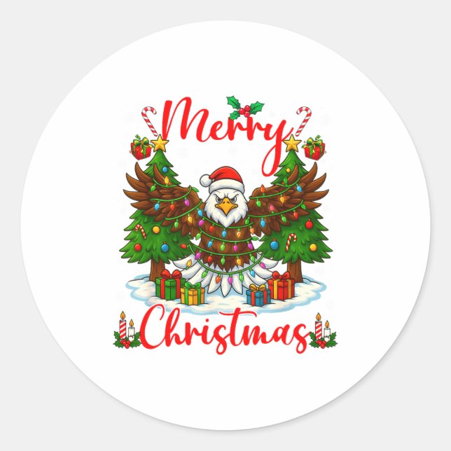 Sticker Rond Merry Christmas Funny Bald Eagle Lover Xmas Lights (Devant)