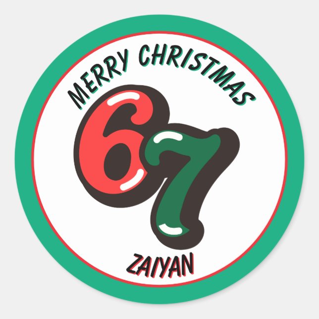 Sticker Rond Merry Christmas Green Numbers 6 & 7 Custom Name (Devant)