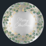 Sticker Rond Merry Christmas Green Wreath Woodland Wood Silver<br><div class="desc">Un Sticker cadeau de Noël,  un peu glamour un peu rustique Une fusion de styles FlorenceKdesign</div>