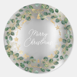 Sticker Rond Merry Christmas Green Wreath Woodland Wood Silver