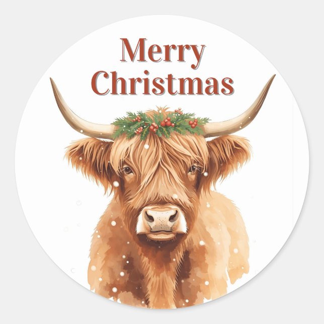 Sticker Rond Merry Christmas Greenery Highland Miniature Cow (Devant)