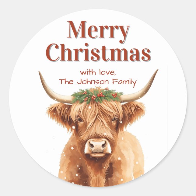 Sticker Rond Merry Christmas Greenery Highland Miniature Cow (Devant)