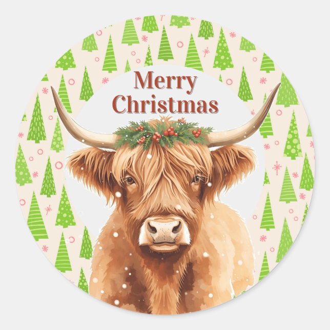 Sticker Rond Merry Christmas Greenery Highland Miniature Cow (Devant)