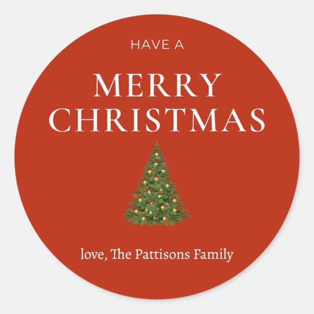 Sticker Rond Merry Christmas greeting with tree on red custom (Devant)