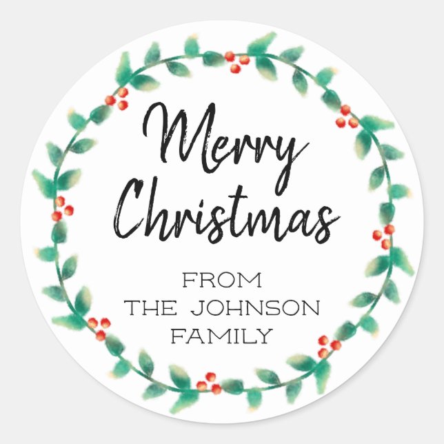 Sticker Rond Merry Christmas Holly Wreath personnalisé (Devant)