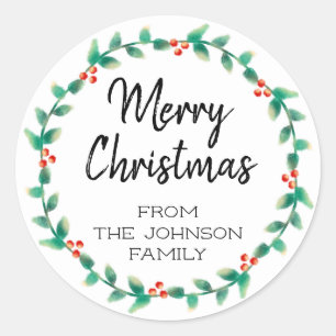 Sticker Rond Merry Christmas Holly Wreath personnalisé
