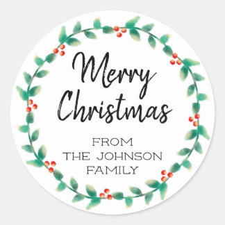 Sticker Rond Merry Christmas Holly Wreath personnalisé