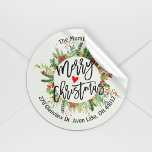 Sticker Rond Merry Christmas Holly Wreath Return Adresse Étique<br><div class="desc">Joyeux Noël Calligraphie Typographie Script avec Holly Floral Wreath Retourner Adresse Étiquettes Modèles. Aquarelle rouge et verte Berry botanique de Noël et Pins. Joyeux voeux de Noël Joyeux Noël brillant Collections de voeux de Noël de la saison des Fêtes.</div>